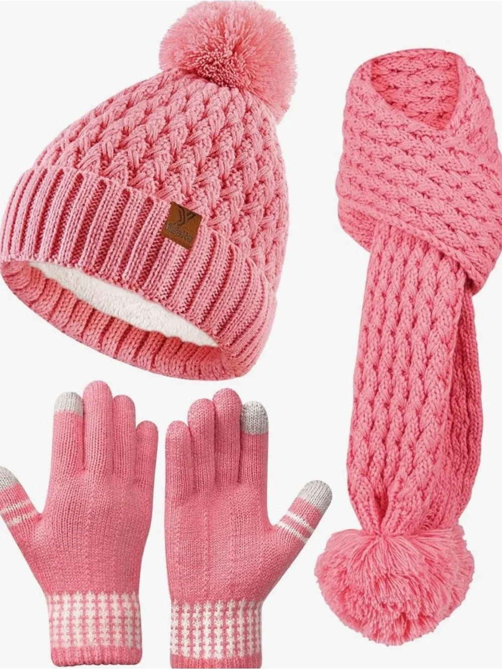 Children's Pink Knit Pom-Pom Hat, Scarf & Touchscreen Gloves Set